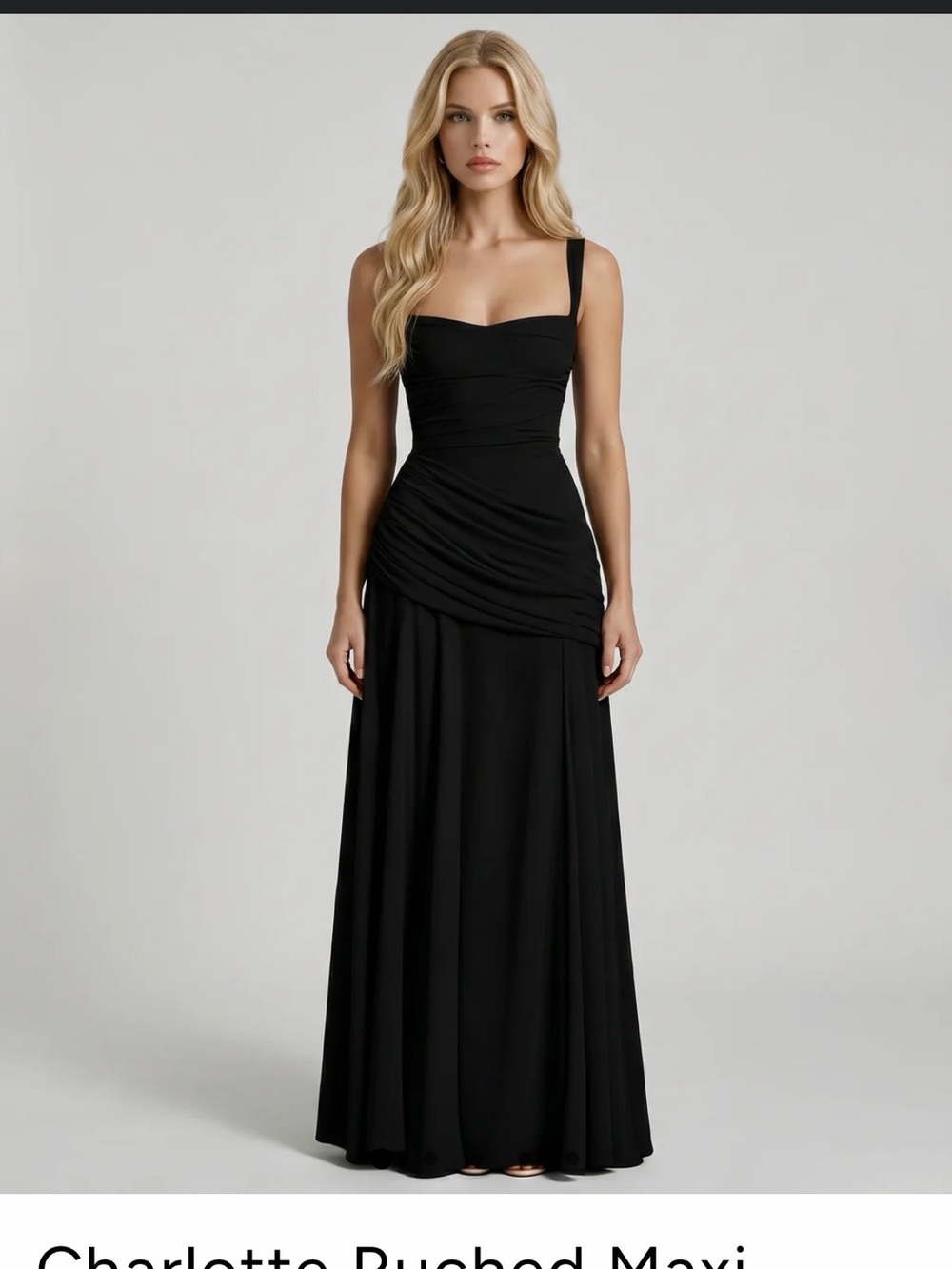 Black Ruched Maxi Dress with Square Neck